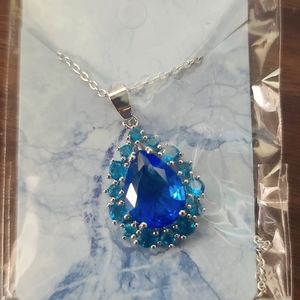 Vintage Swiss blue topaz Teardrop Pendant 925 with 18"L Chain 925 necklace
